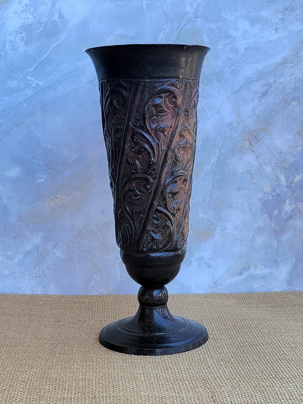 Vintage Middle Eastern Style Etched Brass Floral Chalice Style Decorative Vase